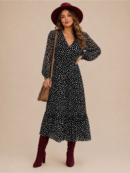 J. Crew Dresses & Skirts - Crew Black & White Polka Dot Chiffon Midi Long Sleeve Tiered Ruffle Dress L